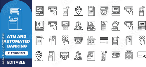 Atm and banking icon set editable line art for financial applications