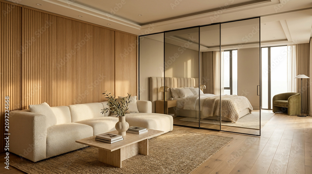 Fototapeta premium Minimalist Modern Open Concept Bedroom and Living Area with Natural Wood Paneling and Glass Partition