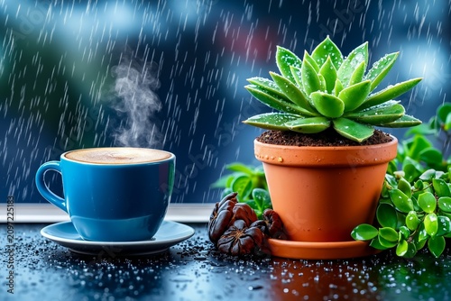 A cup of coffee and a potted plant on a window sill in the rain