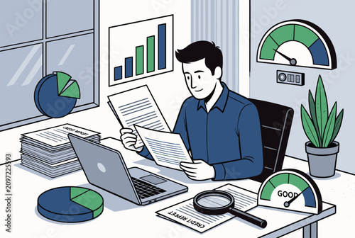 Smiling businessman reviewing his credit reports and financial documents at a desk with charts and indicators.