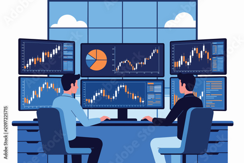Financial analysts monitor stock market performance on multiple screens showing candlestick charts and graphs.