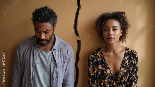 Emotionally Distant Couple Separated by Wall Crack Symbolizing Relationship Conflict and Divorce