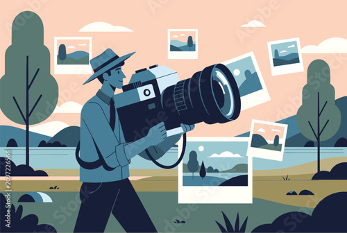 Professional photographer holding a large camera in a scenic landscape surrounded by floating print photos.