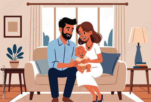 Happy young parents sitting on a cozy living room sofa holding their smiling baby in a warm family home environment.