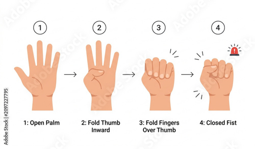 Universal SOS Hand Signal Infographic Vector Showing Emergency Help Gesture in Four Simple Steps.