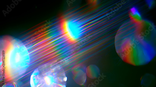 A shadowy cinematic overlay adorned with lively crystal prism light leaks, splashes of rainbow lens flares, and wisps of soft bokeh dots across a backdrop of jet blackness.