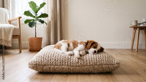 Adorable puppy sleeping peacefully on a comfortable dog bed in a cozy living room.