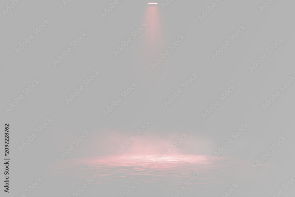 Obraz premium Red volumetric stage light glowing spotlight beam smoke fog theater concert lighting dramatic atmosphere cinematic illumination effect
