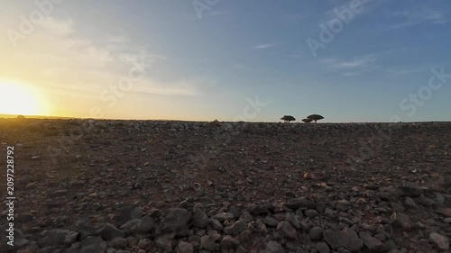 Rocky desert landscape at sunrise under blue sky. Socotra, Yemen.