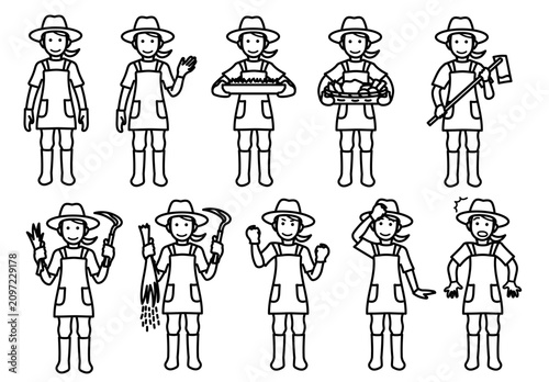 様々な農作業のポーズや表情を見せる農業従事者の女性のイラストセット｜農業の紹介や家庭菜園のハウツー向けベクター素材