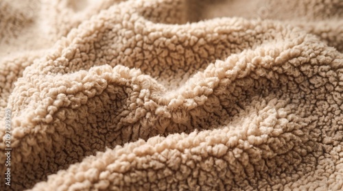 Close-up macro shot of soft fluffy beige sherpa fleece fabric texture.