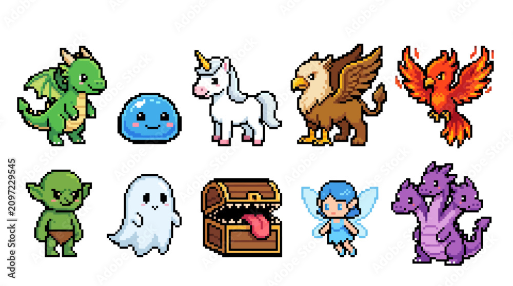 Obraz premium Cute Pixel Art Fantasy Creature Collection Retro 8 Bit RPG Game Sprite Sheet