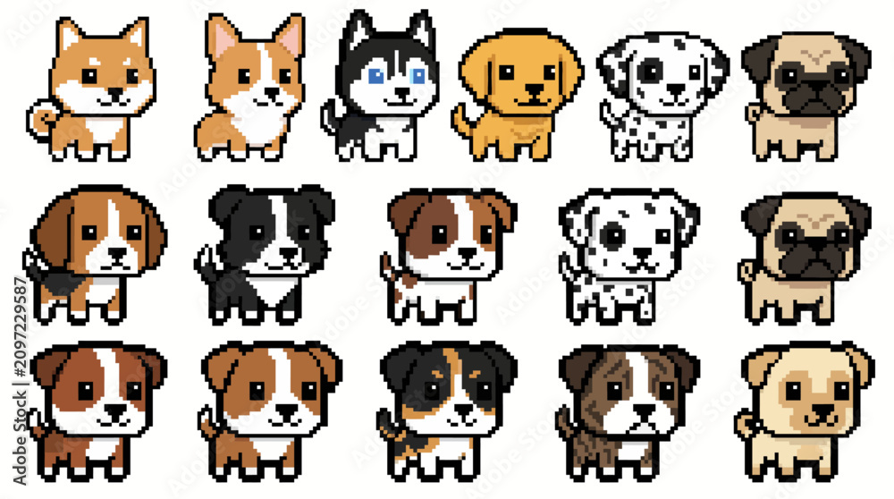 Fototapeta premium Cute Pixel Art Dog Collection Retro 8 Bit Game Sprite Sheet