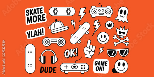 Set of hand-drawn skateboard and gaming themed doodle stickers on an orange background, featuring skateboards, controllers, and fun urban icons.