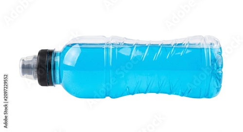 Bild auf Leinwand Blue sports drink in a clear plastic bottle with a black cap and nozzle