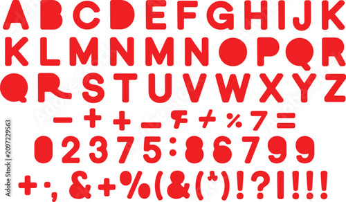 Bold red alphabet letters and numbers set for creative typography and graphic design projects featuring rounded sans serif font style elements