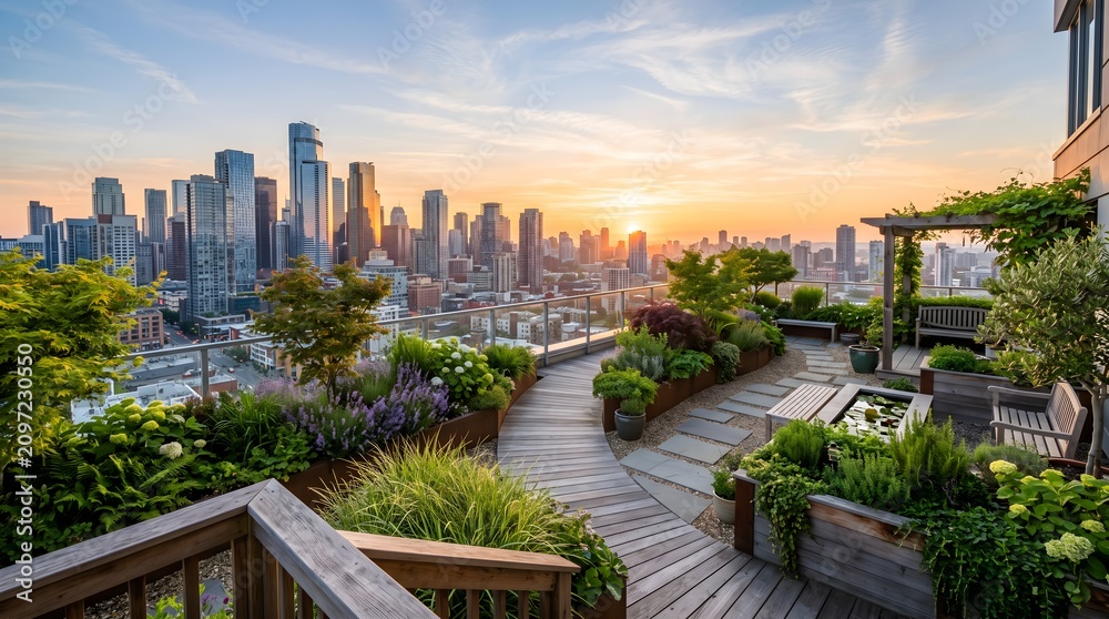 Fototapeta premium Elegant rooftop garden offering panoramic views of a modern skyline during sunrise, combining lush greenery with sophisticated urban architecture.