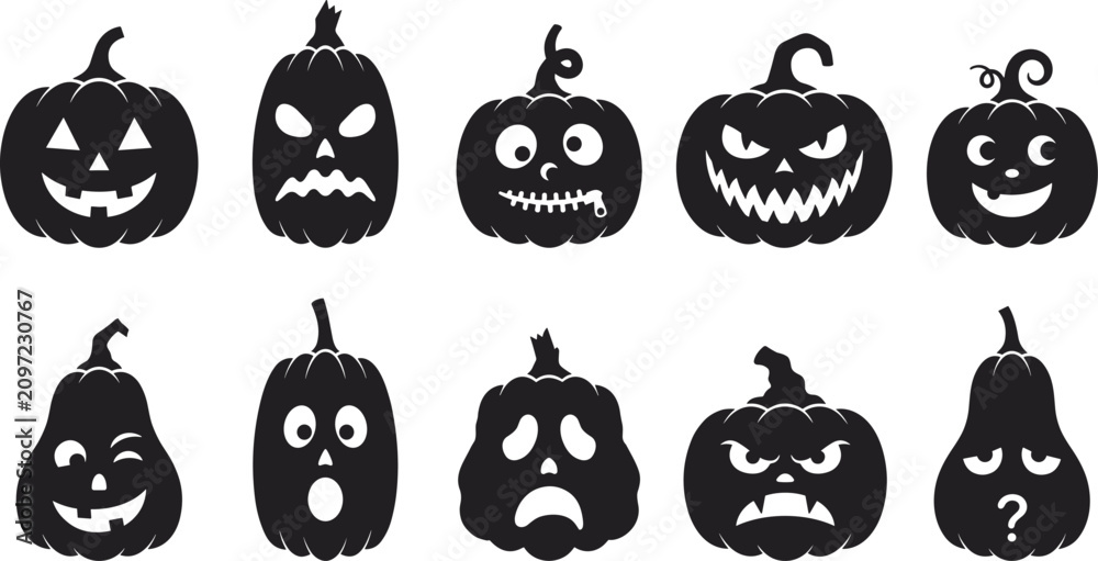 Obraz premium Collection of Halloween jack o lantern pumpkin silhouettes with various carved faces and expressions