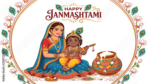 Mother teaching child to play flute on janmashtami