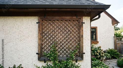 Exterior view of a house with a wooden lattice window and green plants.