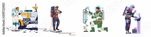 Foto A set of flat vector illustrations featuring astronauts performing diverse tasks such as lunar exploration, scientific research, and technical operations in space