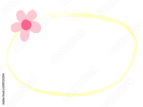 Hand drawn doodle frame with cute pink flower, oval brush stroke border, illustration element