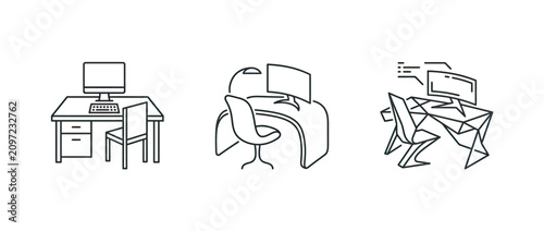 Minimalist line art icons of modern office workspace setup and furniture arrangements