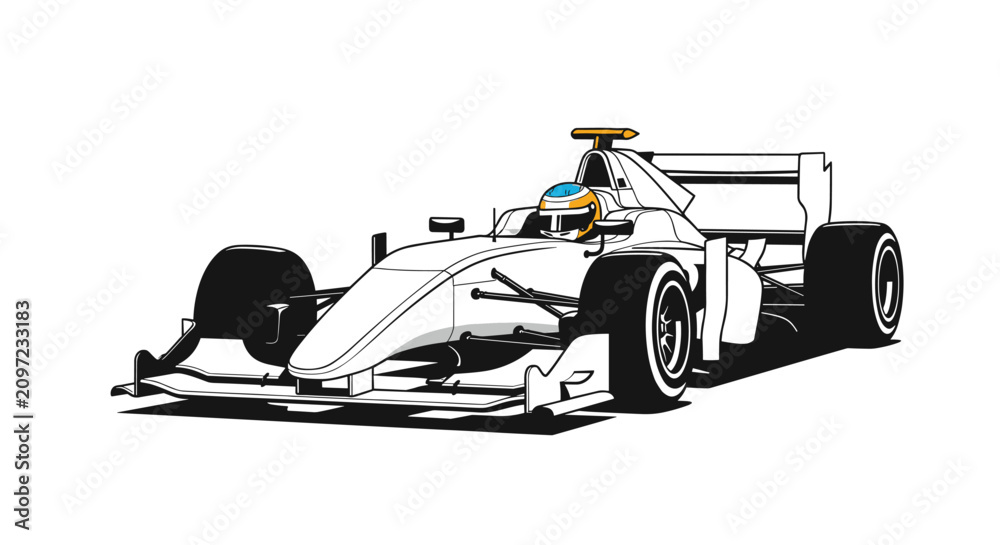 Obraz premium Professional white formula one racing car with a driver wearing a helmet speeding on a track during a high performance motor sport competition.