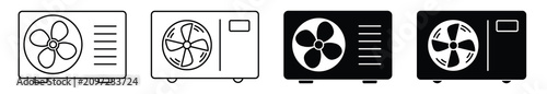 Portable air conditioner icon set with four style variations in black and white for home cooling
