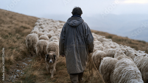 Scottish shepherd in a heavy oilskin jacket guiding a flock across a foggy hillside field with a border collie leading the way, pastoral livestock management, rural land