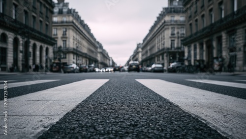 Pedestrian crossing on a grand avenue lined with classic European buildings