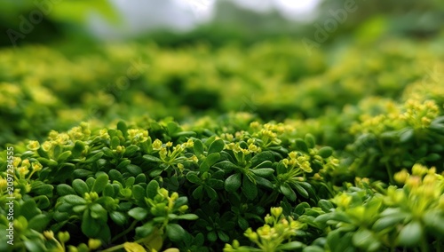 Tiny green leaves with delicate yellow blossoms carpet a damp ground