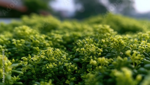 Close-up, shallow depth of field view of tiny, budding green flowers
