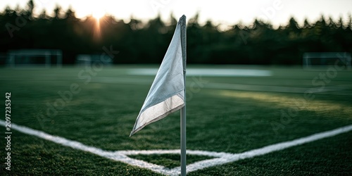 Corner flag on a sports field with goals and trees in the background