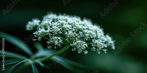 Delicate white flower clusters bloom against a dark green, moody background