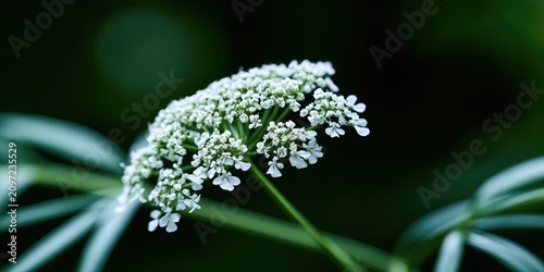 Delicate white wildflower cluster blooming in soft, natural green bokeh