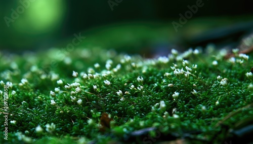 Miniature white flowers bloom amidst lush green moss