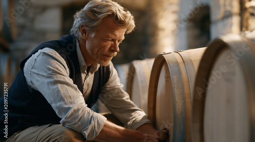 Winemaker in a stone cellar crouching beside an oak barrel row, drawing a wine sample with a wine thief pipette, tasting the vintage by dim barrel room light, mustiness implied,