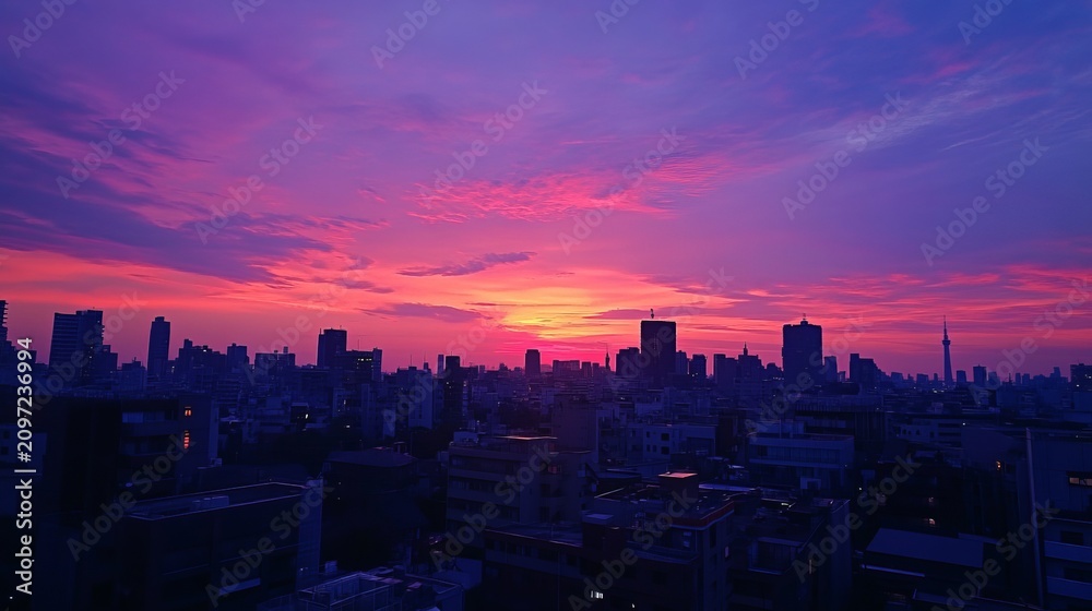 Fototapeta premium Vibrant Cityscape at Dusk - A Symphony of Colors Over the Skyline.