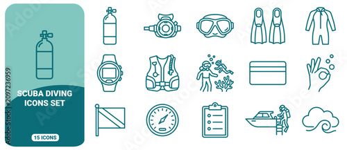 Foto Scuba diving equipment icon set, featuring outline of oxygen tanks, fins, masks,
