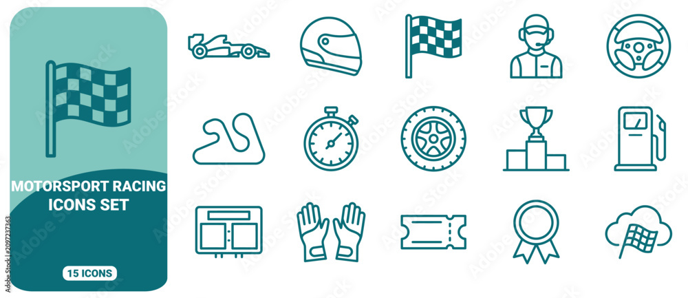 Obraz premium Set of 15 motorsport racing icons, including formula one car, checkered flag, racing helmet, stopwatch, trophy, steering wheel, and fuel pump