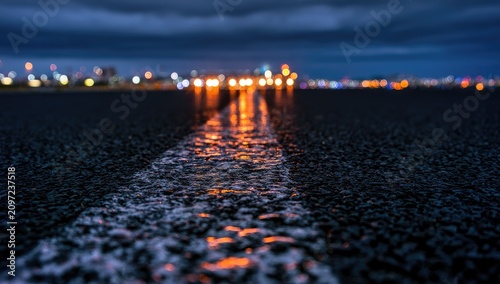Wet asphalt reflects blurry city lights under a dark, cloudy sky