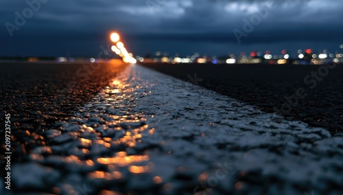 Wet asphalt runway at night with glowing lights and blurred background
