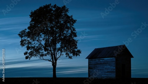 Lone tree and weathered structure under a vast, starry night sky