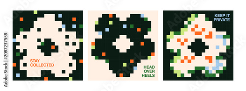 8-bit pixel art card designs with motivational quotes. Retro pixelart 8bit fl...