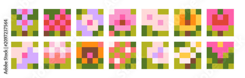 8-bit pixel art backgrounds set. Retro pixelart square card designs in old di...