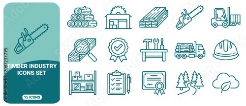 Timber industry icon set featuring chainsaw, lumber, logging truck, warehouse, safety helmet, and forestry symbols in teal line style