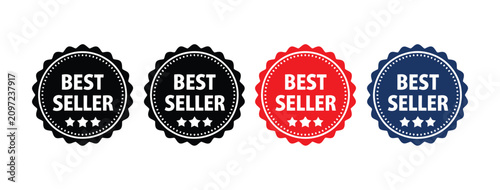 Fotografía Best seller badge icons illustrating colorful award labels with stars and ribbon symbols in clean minimalist vector graphics for product packaging, ecommerce, retail marketing, and promotional design