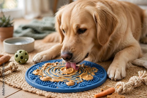 Dog eating from feeding mat with peanut butter