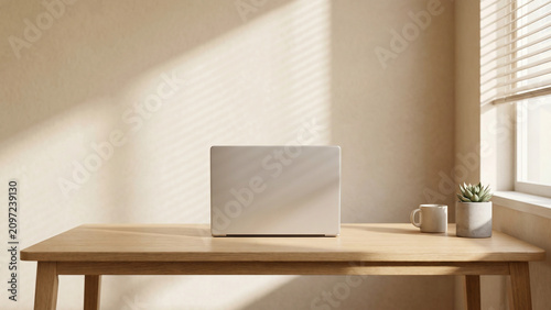 Closed silver laptop resting on a clean wooden desk surface inside a bright sunlit office space with a small succulent plant and a coffee mug set against neutral beige walls